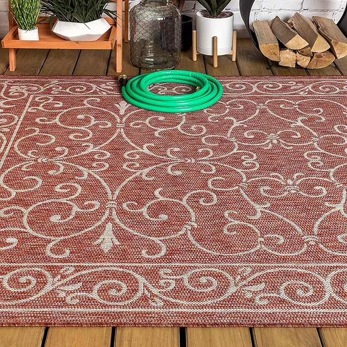 JONATHAN Y Vintage Filigree Indoor Outdoor Area Rug 4X6 Red/Beige, Charleston Textured Weave for Backyard, Patio, Porch, Easy-Cleaning, High Traffic, Pet-Friendly, Non-Shedding (SMB106B-4)