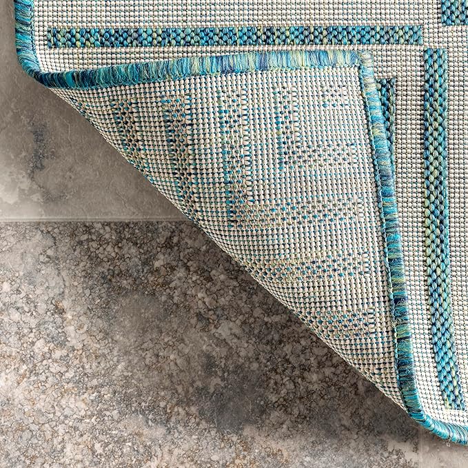 nuLOOM 5' x 8' Outdoor Area Rug, Casual Design With Striped Border, Stain Resistant, Highly Durable, For Patio, Balcony, Bedroom, Living Room, Dining Room, Bathroom, Teal