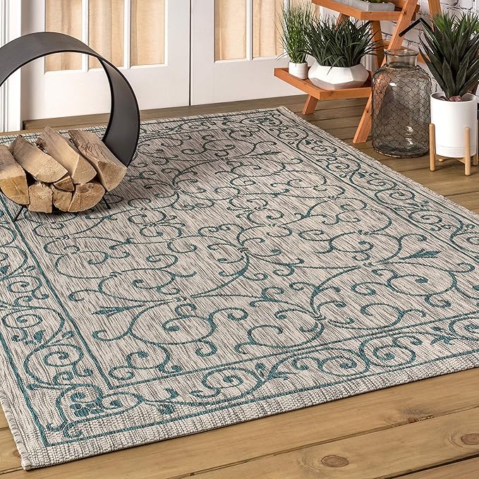 JONATHAN Y Vintage Filigree Indoor Outdoor Area Rug 10X14 Gray/Teal, Charleston Textured Weave for Backyard, Patio, Porch, Easy-Cleaning, High Traffic, Pet-Friendly, Non-Shedding (SMB106E-14)