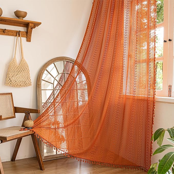 Sutuo Home Burnt Orange Boho Curtains 90 inches Long for Bedroom Living Room, Terracotta Crochet Lace Sheer Bohemian Knitted with Fringes,Window Treatment Drapes, Rod Pocket 1 Panel 59" W x 90" L