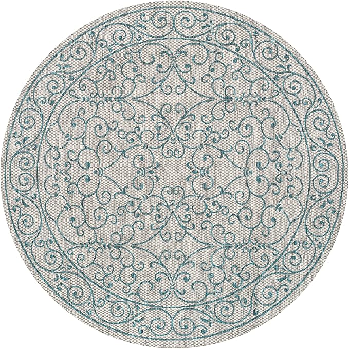 JONATHAN Y Vintage Filigree Indoor Outdoor Round Area Rug 5 Ft Gray/Teal, Charleston Textured Weave for Backyard, Patio, Porch, Easy-Cleaning, High Traffic, Pet-Friendly, Non-Shedding (SMB106E-5R)