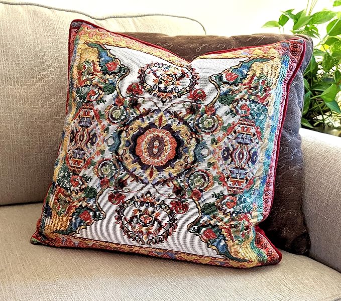 Tache Cushion Cover 18x18 Rococo Elegant Ornate Ivory Colorful Paisley Cotton Linen Tapestry Woven Decorative Throw Pillow Cover, 1 Piece