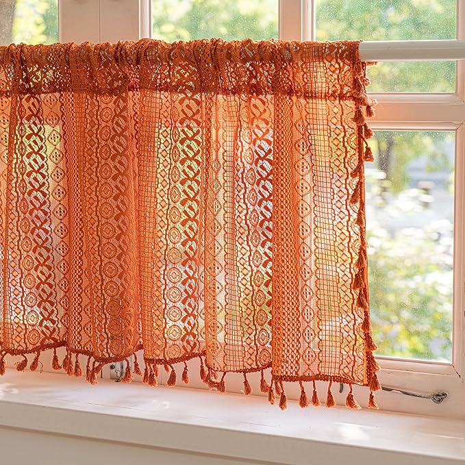 Sutuo Home Terracotta Boho Valance Short Curtains Crochet Lace Sheer Bohemian Hollow Knitted with Tassels, Privacy Vintage Rustic Farmhouse Drapes for Kitchen, Rod Pocket 1 Panel 59" W x 36" L, Orange