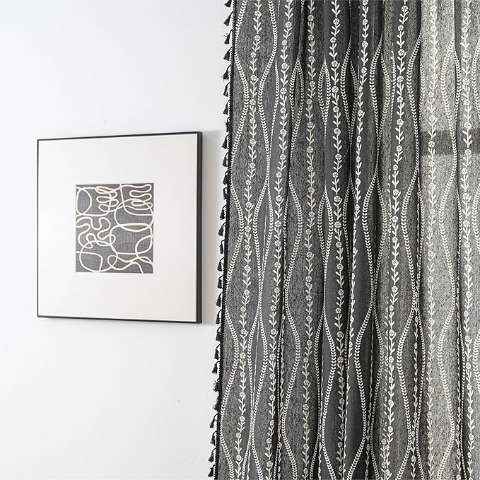 Sutuo Home Boho Curtains 63 Inches Length for Kitchen Doorway Cafe Dining Room, Stripe Floral Vintage Tassels Window Treatment Drape for Halloween Decorations Rod Pocket, 1 Panel 59" W x 63" L,Black