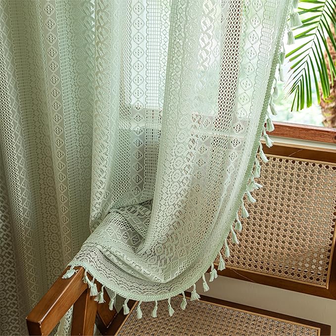 Sutuo Home Boho Curtains for Bedroom Dining Room, Bohemian Crochet Lace Hollow Knitted Handmade Tassels Vintage Rustic Window Treatment Farmhouse Drapes, 1 Panel Rod Pocket 59" W x 96" L, Mint Green