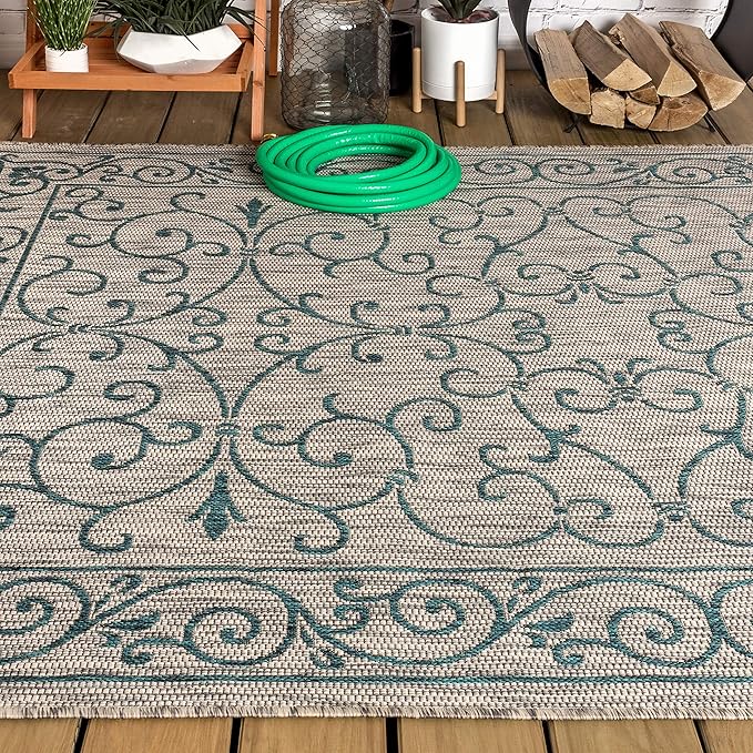 JONATHAN Y Vintage Filigree Indoor Outdoor Area Rug 8X10 Gray/Teal, Charleston Textured Weave for Backyard, Patio, Porch, Easy-Cleaning, High Traffic, Pet-Friendly, Non-Shedding (SMB106E-8)