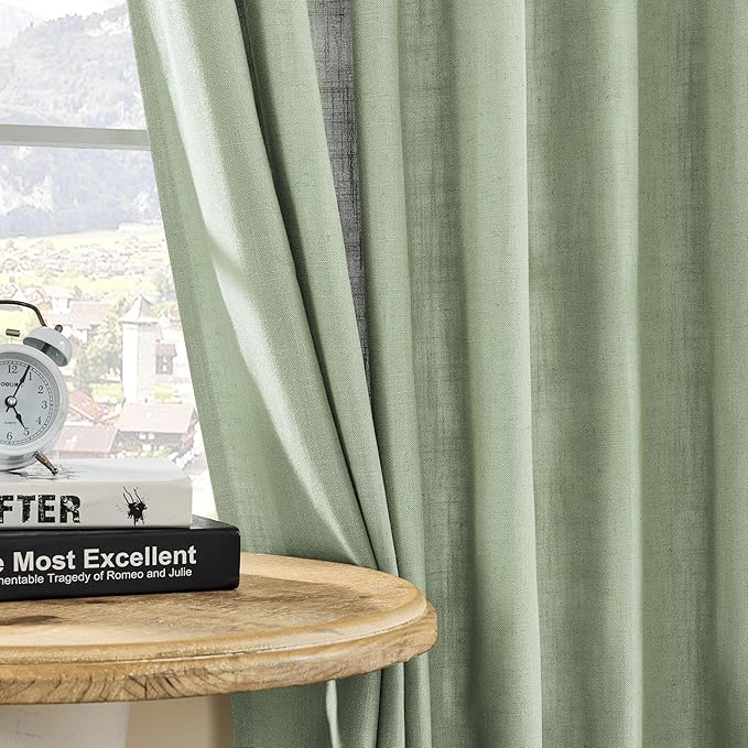 Joydeco Sage Green Curtains - 72 Inch Long, 2 Panel Set, Semi Sheer Linen Farmhouse Curtains for Living Room & Bedroom Windows