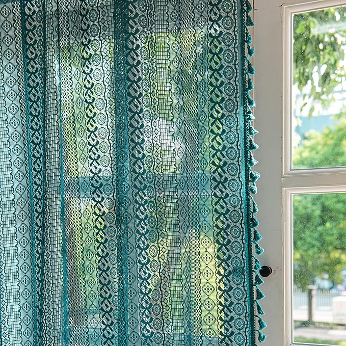 Sutuo Home Boho Curtains 84 inches Long for Bedroom Living Room, Crochet Lace Sheer Bohemian Hollow Knitted with Tassels,Window Treatment Drapes, Rod Pocket 1 Panel 59" W x 84" L, Turquoise