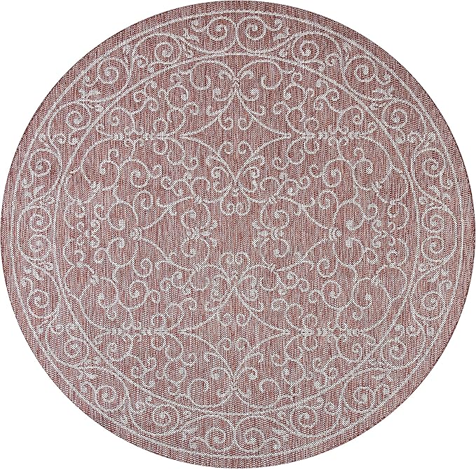 JONATHAN Y Vintage Filigree Indoor Outdoor Round Area Rug 6 Ft Red/Beige, Charleston Textured Weave for Backyard, Patio, Porch, Easy-Cleaning, High Traffic, Pet-Friendly, Non-Shedding (SMB106B-6R)