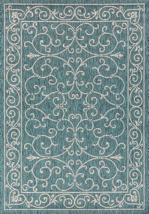 JONATHAN Y Vintage Filigree Indoor Outdoor Area Rug 4X6 Teal/Gray, Charleston Textured Weave for Backyard, Patio, Porch, Easy-Cleaning, High Traffic, Pet-Friendly, Non-Shedding (SMB106F-4)