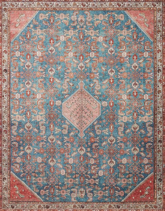 Loloi Layla Collection LAY-10 Marine/Clay 5'-0" x 7'-6" .13" Thick Area Rug, Soft, Durable, Vintage Inspired, Distressed, Low Pile, Non-Shedding, Easy Clean, Printed, Living Room Rug