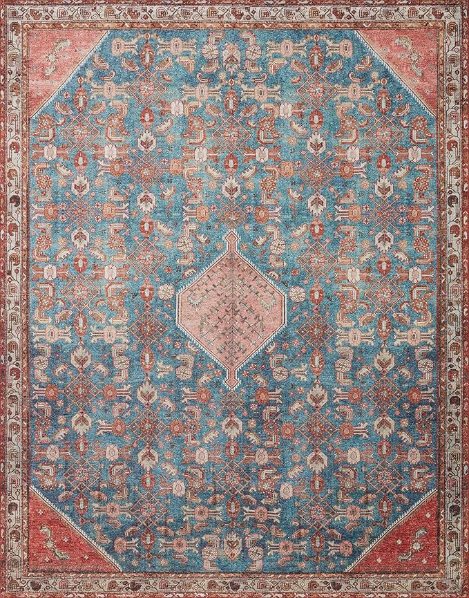 Loloi Layla Collection LAY-10 Marine/Clay 7'-6" x 9'-6" .13" Thick Area Rug, Soft, Durable, Vintage Inspired, Distressed, Low Pile, Non-Shedding, Easy Clean, Printed, Living Room Rug