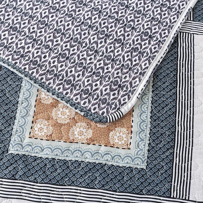 NEWLAKE Quilt Bedspread Sets - Bohemian Farmhouse Pattern Reversible Coverlet Set, King Size