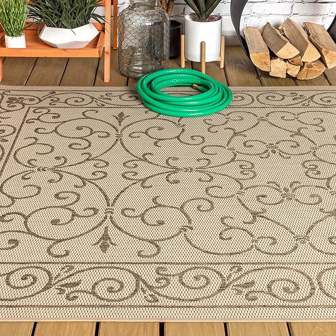JONATHAN Y Vintage Filigree Indoor Outdoor Area Rug 5X8 Beige/Brown, Charleston Textured Weave for Backyard, Patio, Porch, Easy-Cleaning, High Traffic, Pet-Friendly, Non-Shedding (SMB106A-5)