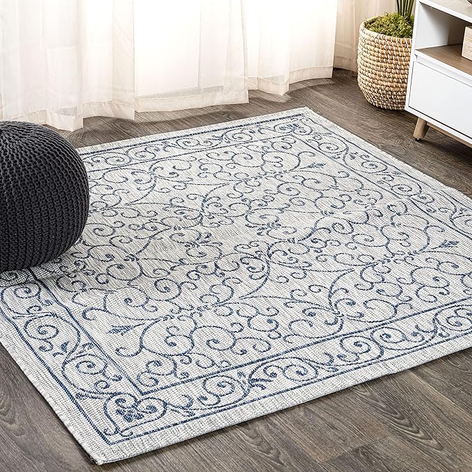 JONATHAN Y Vintage Filigree Indoor Outdoor Square Area Rug 6X6 Gray/Navy, Charleston Textured Weave for Backyard, Patio, Porch, Easy-Cleaning, High Traffic, Pet-Friendly, Non-Shedding (SMB106C-6SQ)