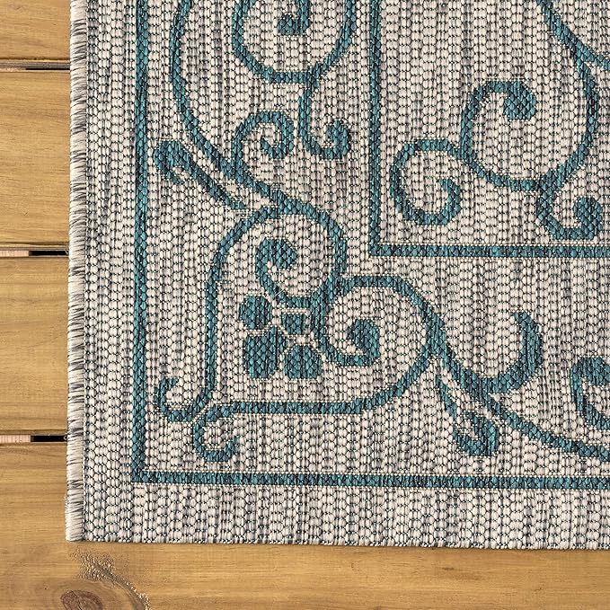 JONATHAN Y Vintage Filigree Indoor Outdoor Round Area Rug 8 Ft Gray/Teal, Charleston Textured Weave for Backyard, Patio, Porch, Easy-Cleaning, High Traffic, Pet-Friendly, Non-Shedding (SMB106E-8R)