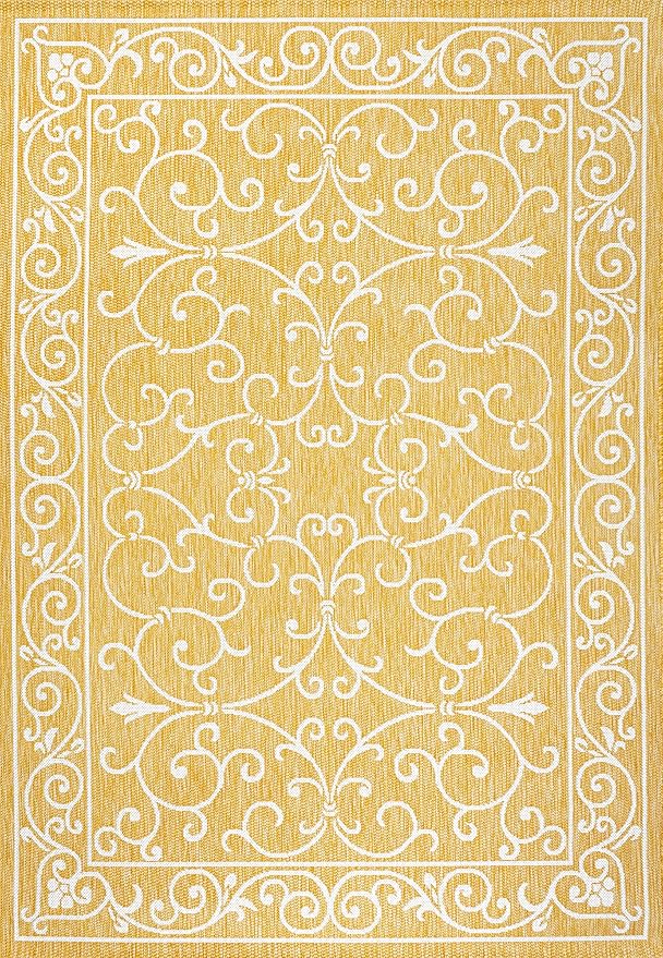 JONATHAN Y Vintage Filigree Indoor Outdoor Area Rug 8X10 Yellow/Cream, Charleston Textured Weave for Backyard, Patio, Porch, Easy-Cleaning, High Traffic, Pet-Friendly, Non-Shedding (SMB106L-8)