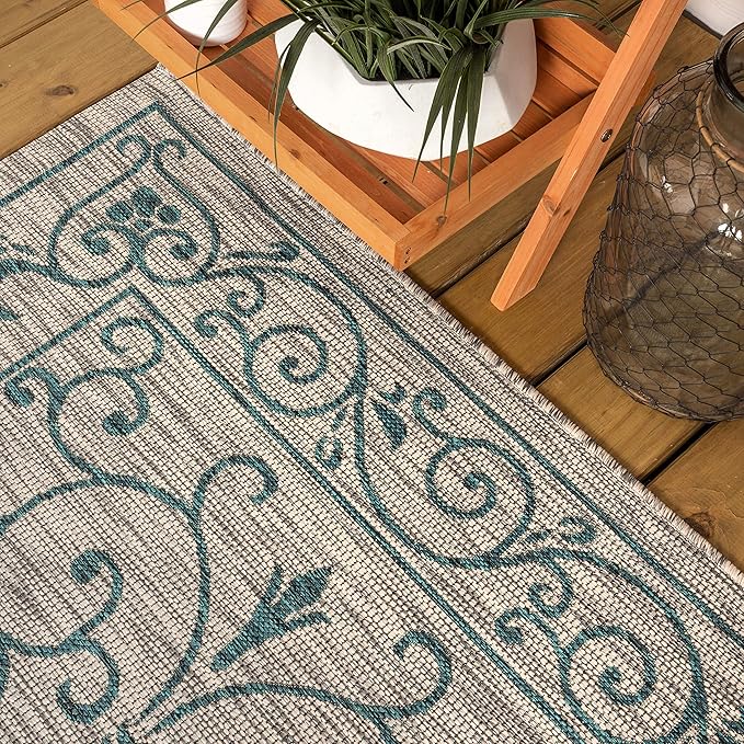 JONATHAN Y Vintage Filigree Indoor Outdoor Round Area Rug 8 Ft Gray/Teal, Charleston Textured Weave for Backyard, Patio, Porch, Easy-Cleaning, High Traffic, Pet-Friendly, Non-Shedding (SMB106E-8R)