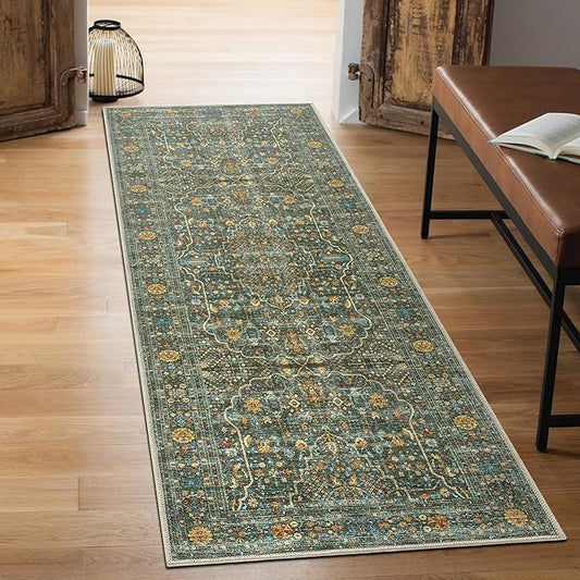 Keen Home Design 2x12 Rug - Machine Washable Runner Rug with Non-Slip Backing, Ideal for Hallway, Entryway, Kitchen, Laundry Room - Vintage, Easy Clean, Durable, Low Pile - (2'6" x 12')