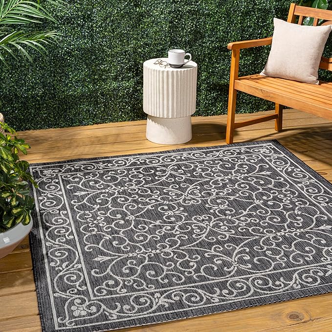 JONATHAN Y Vintage Filigree Indoor Outdoor Square Area Rug 9X9 Black/Gray, Charleston Textured Weave for Backyard, Patio, Porch, Easy-Cleaning, High Traffic, Pet-Friendly, Non-Shedding (SMB106G-9SQ)