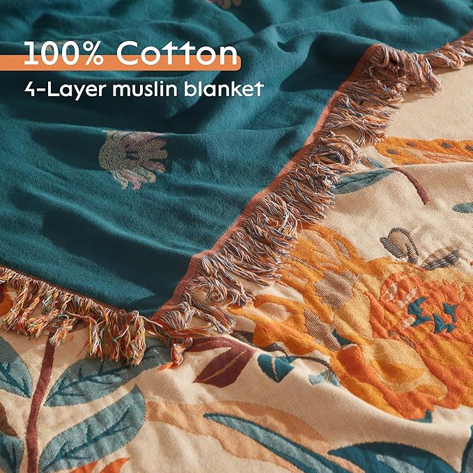 Boho Throw Blanket for Bed 80”x90”, 100% Cotton Woven Blanket for Couch Sofa, Ultra Soft 4-Layer Muslin Quilt with Floral Printed, Farmhouse Bed Blanket/Cover for Living Room Decor