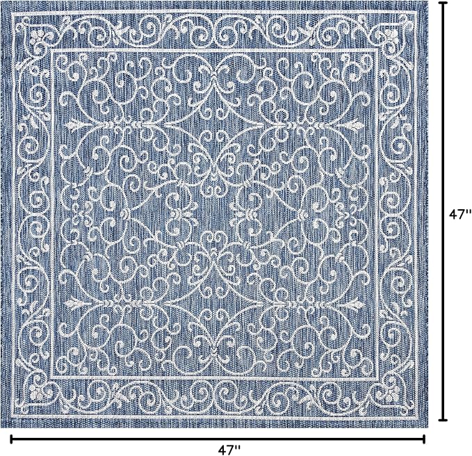 JONATHAN Y Vintage Filigree Indoor Outdoor Square Area Rug 4X4 Navy/Gray, Charleston Textured Weave for Backyard, Patio, Porch, Easy-Cleaning, High Traffic, Pet-Friendly, Non-Shedding (SMB106D-4SQ)