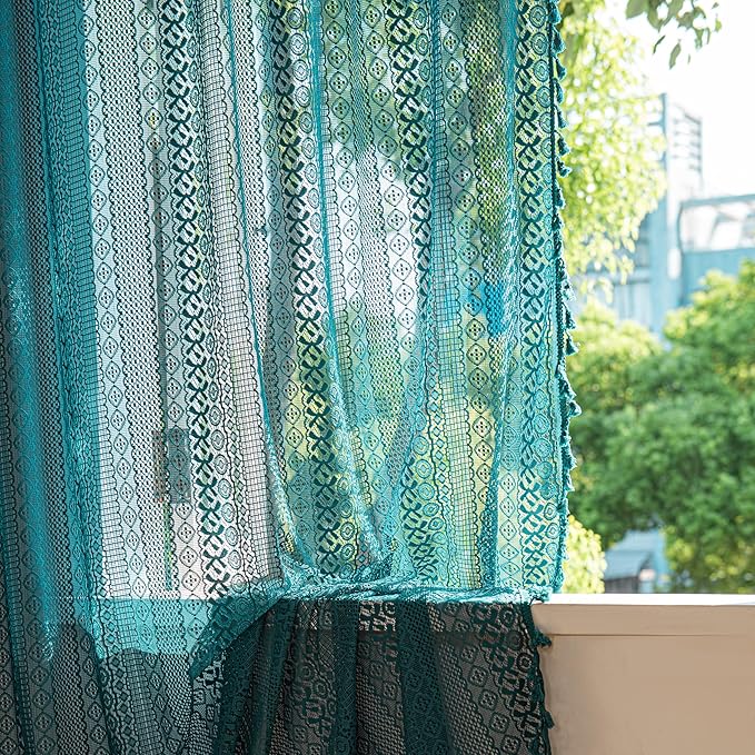 Sutuo Home Boho Curtains 108 inches Long for Bedroom Living Room Patio Doorway, Crochet Lace Sheer Bohemian with Tassels,Window Treatment Drapes, Single 1 Panel 59" W x 108" L, Turquoise