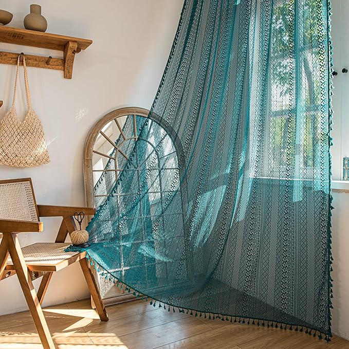 Sutuo Home Boho Curtains 96 inches Long for Bedroom Living Room Nursery Room, Crochet Lace Sheer Bohemian Hollow with Tassels,Window Treatment Drapes, Rod Pocket 1 Panel 59" W x 96" L, Turquoise