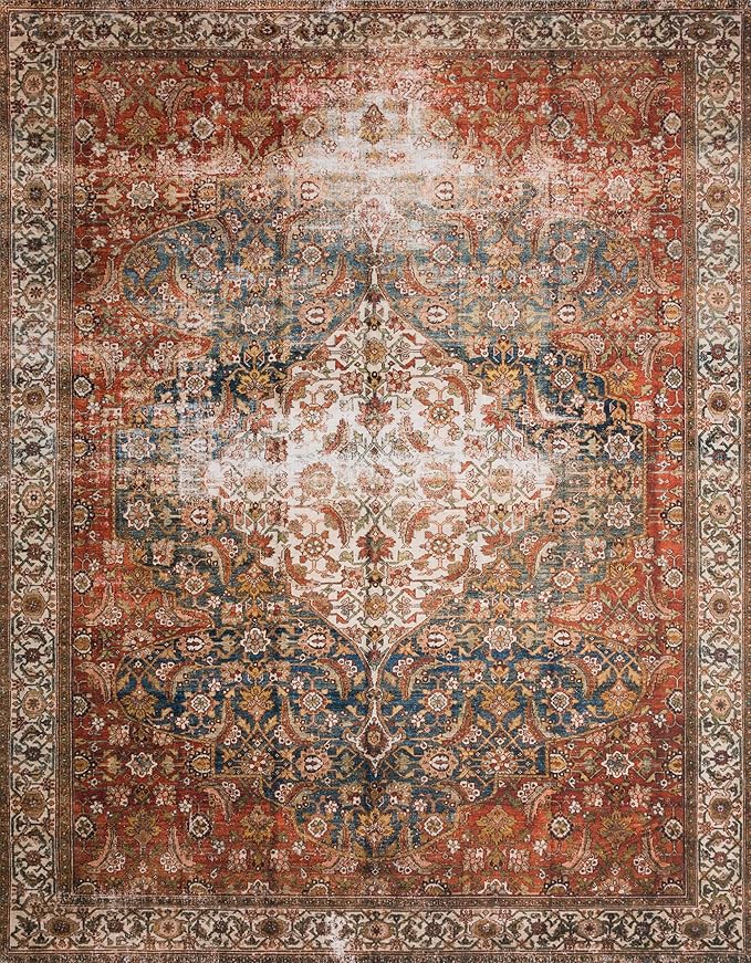 Loloi Layla Collection LAY-05 Ocean/Multi 2'-6" x 9'-6" .13" Thick Runner Rug, Soft, Durable, Vintage Inspired, Distressed, Low Pile, Non-Shedding, Easy Clean, Printed, Living Room Rug