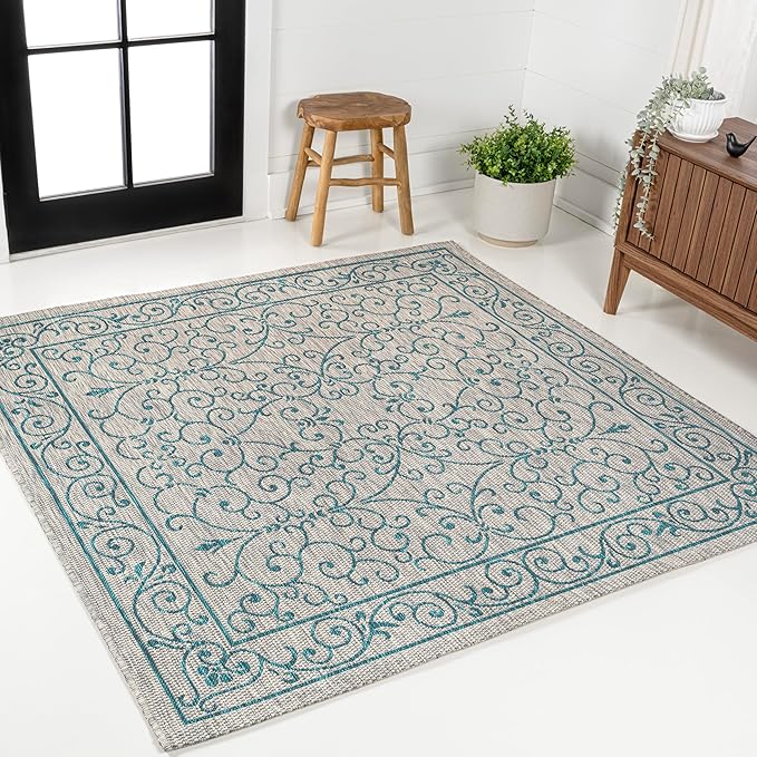 JONATHAN Y Vintage Filigree Indoor Outdoor Square Area Rug 9X9 Gray/Teal, Charleston Textured Weave for Backyard, Patio, Porch, Easy-Cleaning, High Traffic, Pet-Friendly, Non-Shedding (SMB106E-9SQ)
