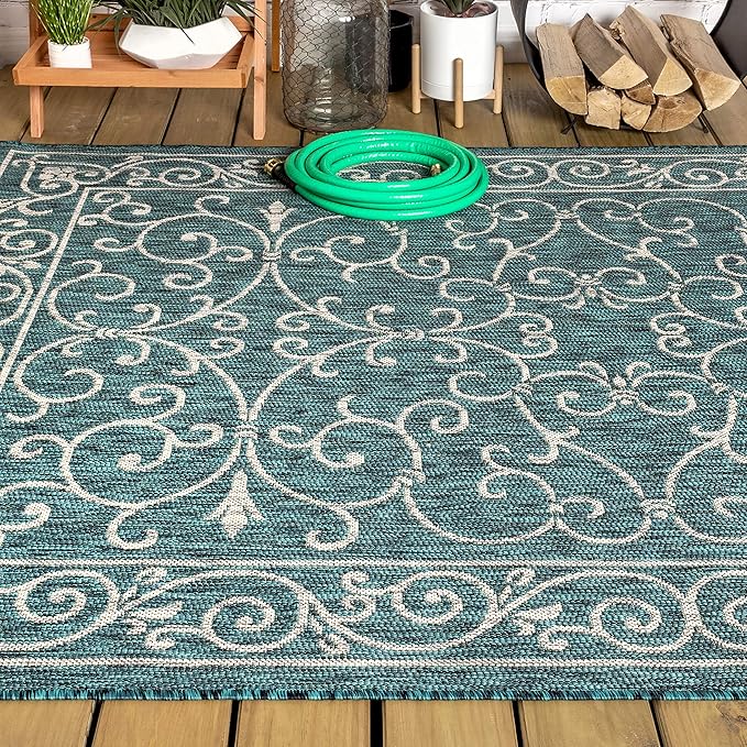 JONATHAN Y Vintage Filigree Indoor Outdoor Area Rug 3X5 Teal/Gray, Charleston Textured Weave for Backyard, Patio, Porch, Easy-Cleaning, High Traffic, Pet-Friendly, Non-Shedding (SMB106F-3)