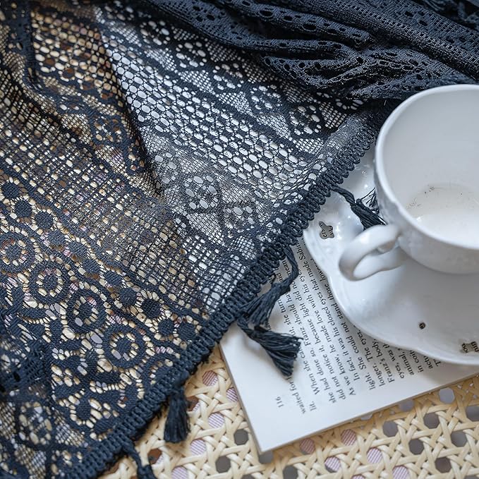 Sutuo Home Black Boho Curtain for Halloween Decor, Sheer Crochet Lace Handmade Tassels Knitted Window Treatment Vintage Rustic Bohemian Farmhouse Drape for Bedroom Rod Pocket 1 Panel 59" W x 96" L