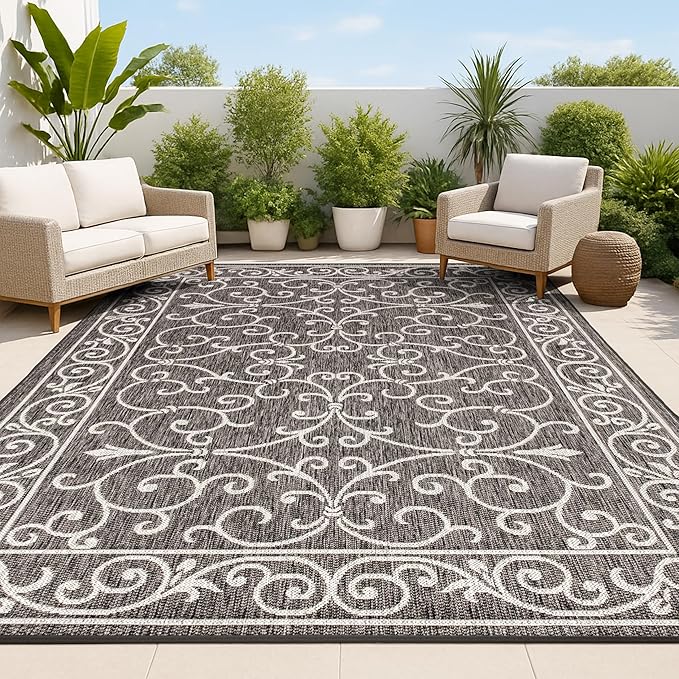 JONATHAN Y Vintage Filigree Indoor Outdoor Area Rug 3X5 Black/Gray, Charleston Textured Weave for Backyard, Patio, Porch, Easy-Cleaning, High Traffic, Pet-Friendly, Non-Shedding (SMB106G-3)