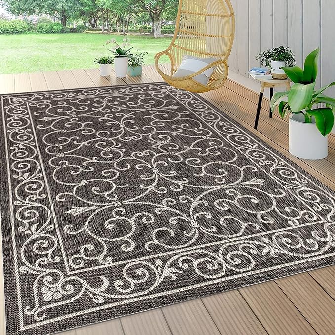 JONATHAN Y Vintage Filigree Indoor Outdoor Area Rug 3X5 Black/Gray, Charleston Textured Weave for Backyard, Patio, Porch, Easy-Cleaning, High Traffic, Pet-Friendly, Non-Shedding (SMB106G-3)