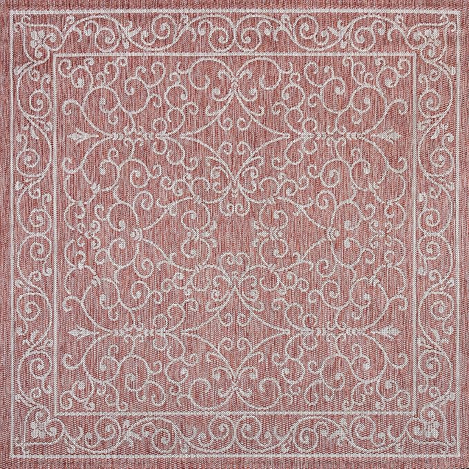 JONATHAN Y Vintage Filigree Indoor Outdoor Square Area Rug 8X8 Red/Beige, Charleston Textured Weave for Backyard, Patio, Porch, Easy-Cleaning, High Traffic, Pet-Friendly, Non-Shedding (SMB106B-8SQ)