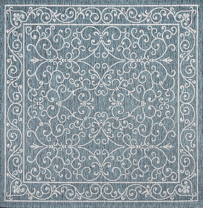 JONATHAN Y Vintage Filigree Indoor Outdoor Square Area Rug 8X8 Teal/Gray, Charleston Textured Weave for Backyard, Patio, Porch, Easy-Cleaning, High Traffic, Pet-Friendly, Non-Shedding (SMB106F-8SQ)